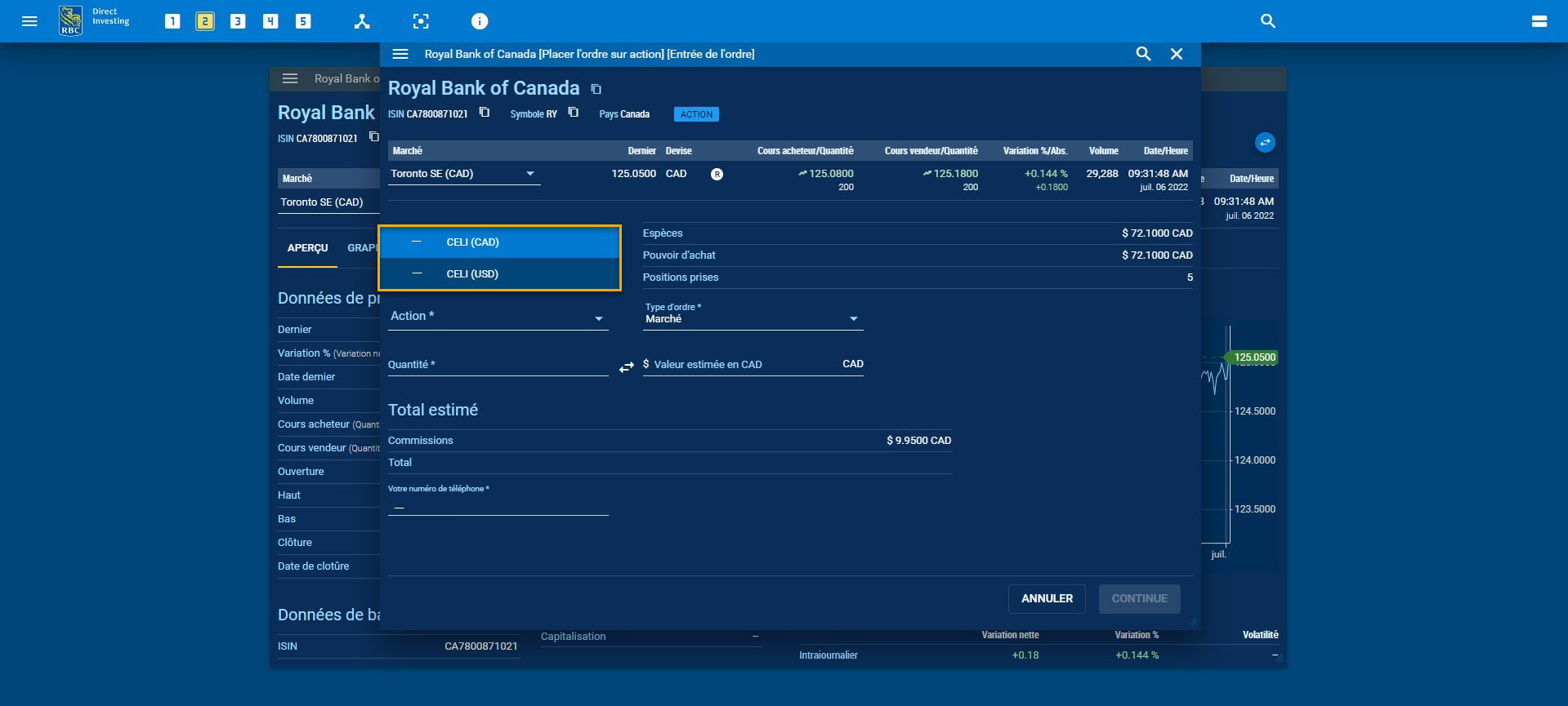Formulaire d’entrée des ordres affichant le type de compte